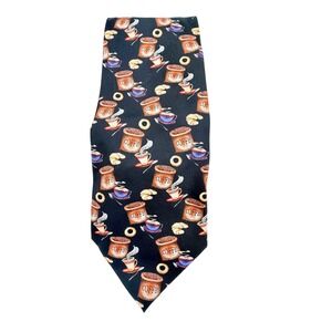 Utopia Mens Silk Tie Black Coffee Bag Mug Croissant Donut Novelty Necktie